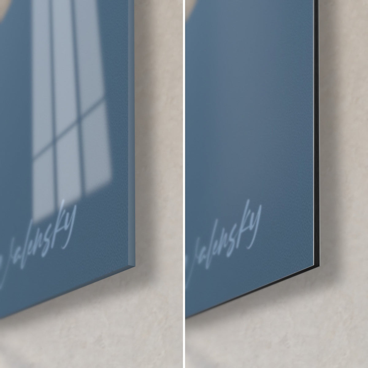 Quadro di iride azzurro lavanda, angolo in basso a destra: vetro acrilico lucido con riflessi a sinistra, Dibond in alluminio nero opaco a destra, bordo da 3 mm