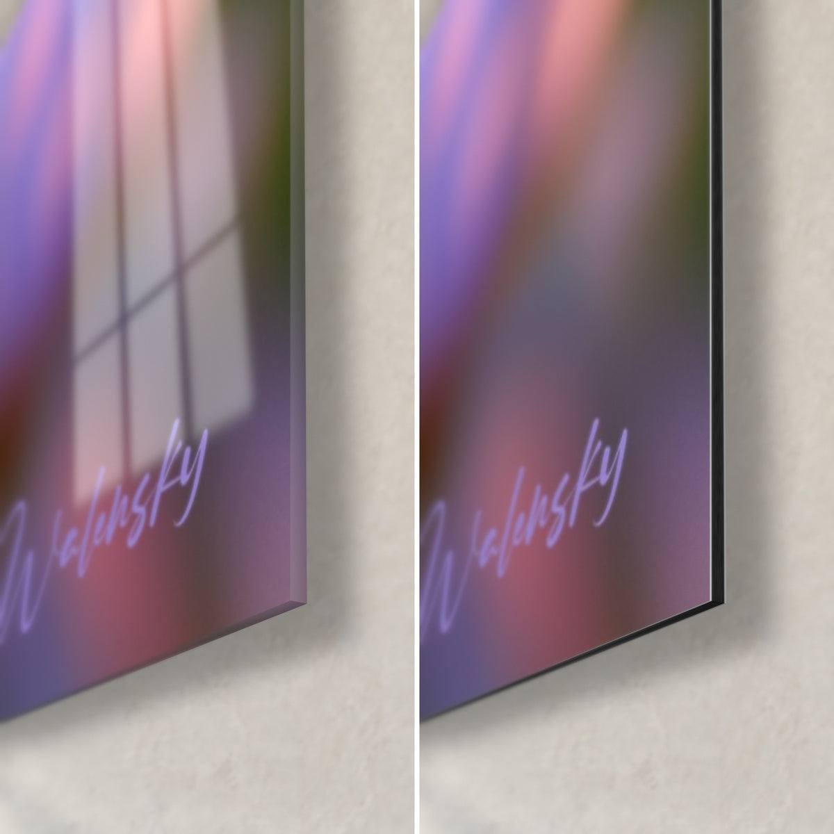 Wall art of purple and pink irises, bottom right corner: glossy acrylic glass with window reflections, matte Dibond aluminium, 3 mm edge