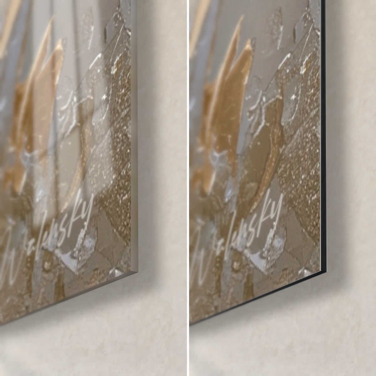 Wall art iris flowers in relief, bottom right corner: glossy acrylic glass on the left, matte beige and gold aluminium Dibond on the right