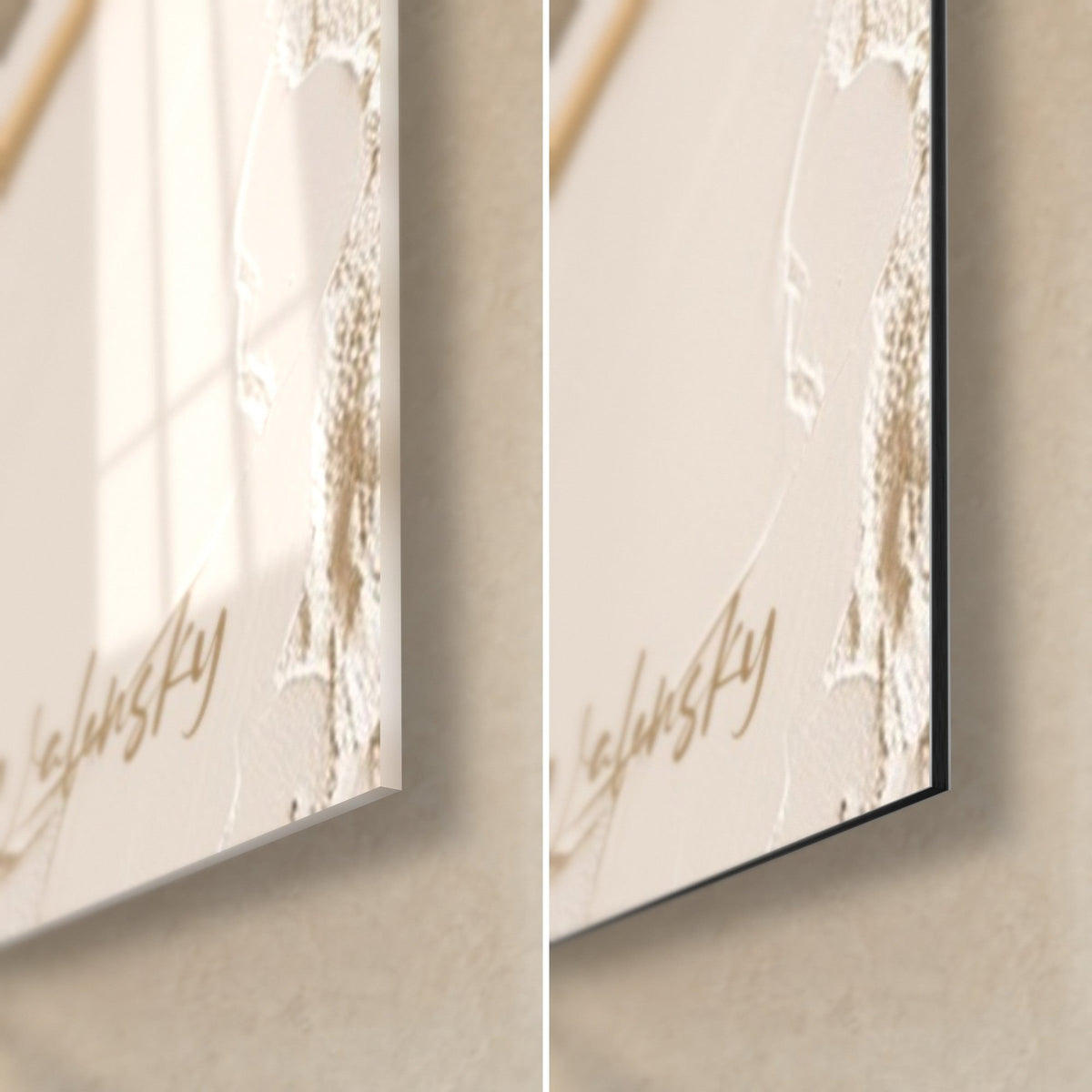 Wall art sculpted ivory flower, bottom right corner: glossy acrylic glass with reflections on the left, matte black Dibond aluminum on the right, 3 mm edge