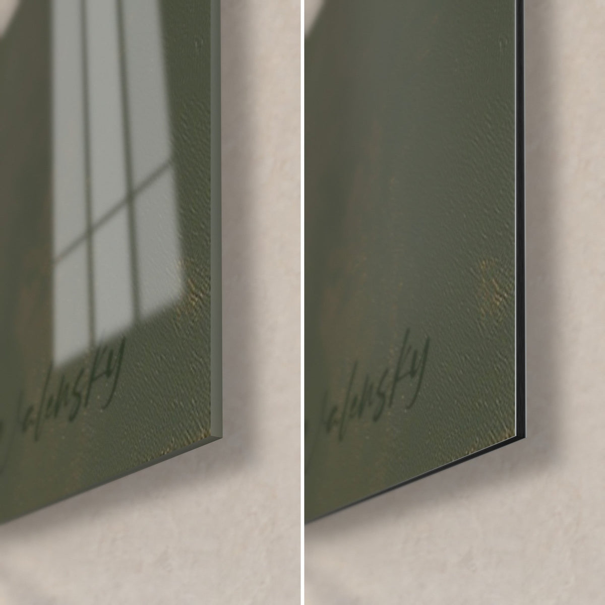 Wall art iris on an olive green background, Walensky signature at bottom right, glossy glass with reflections and matte black Dibond, 3 mm edge