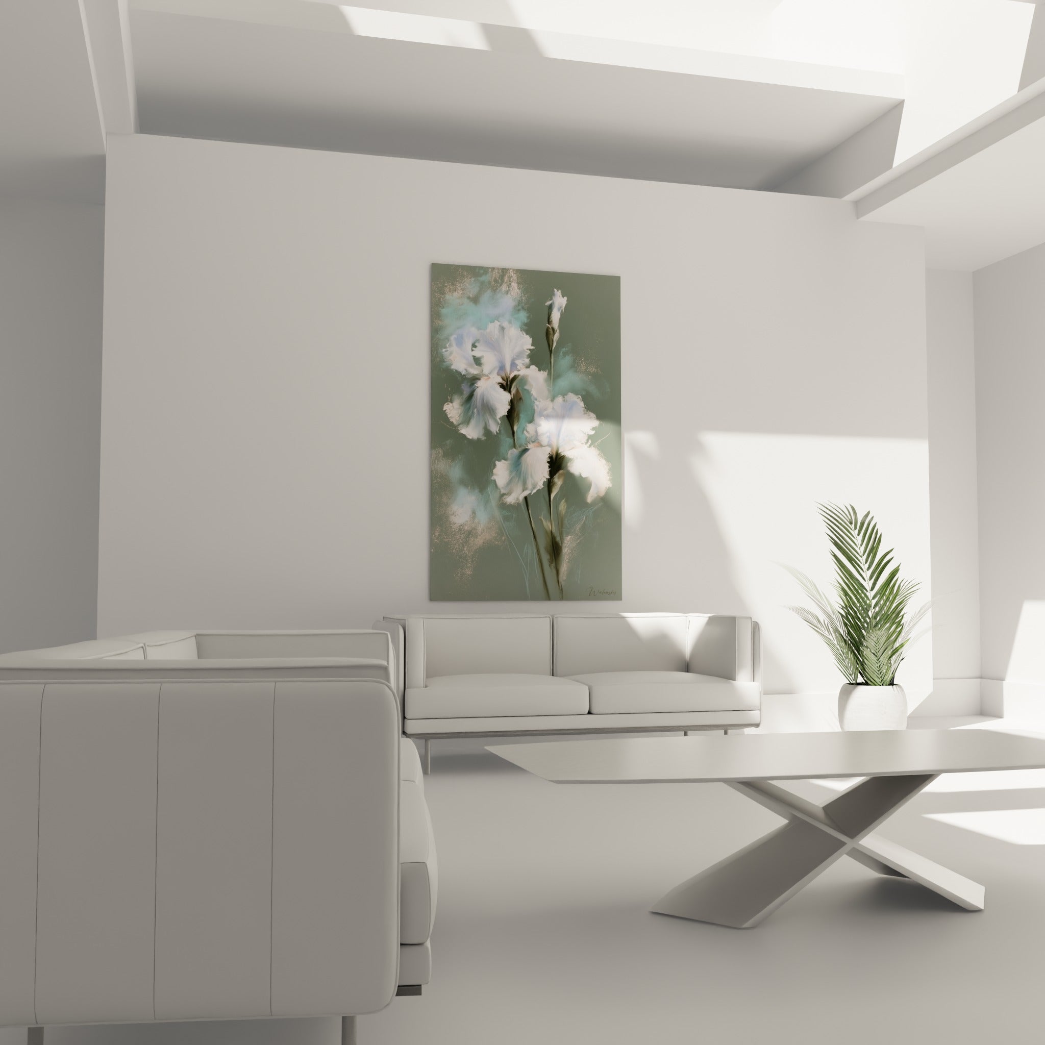 Bouquet d'iris blanc et turquoise à la texture vaporeuse, au-dessus d'un canapé dans un salon lumineux