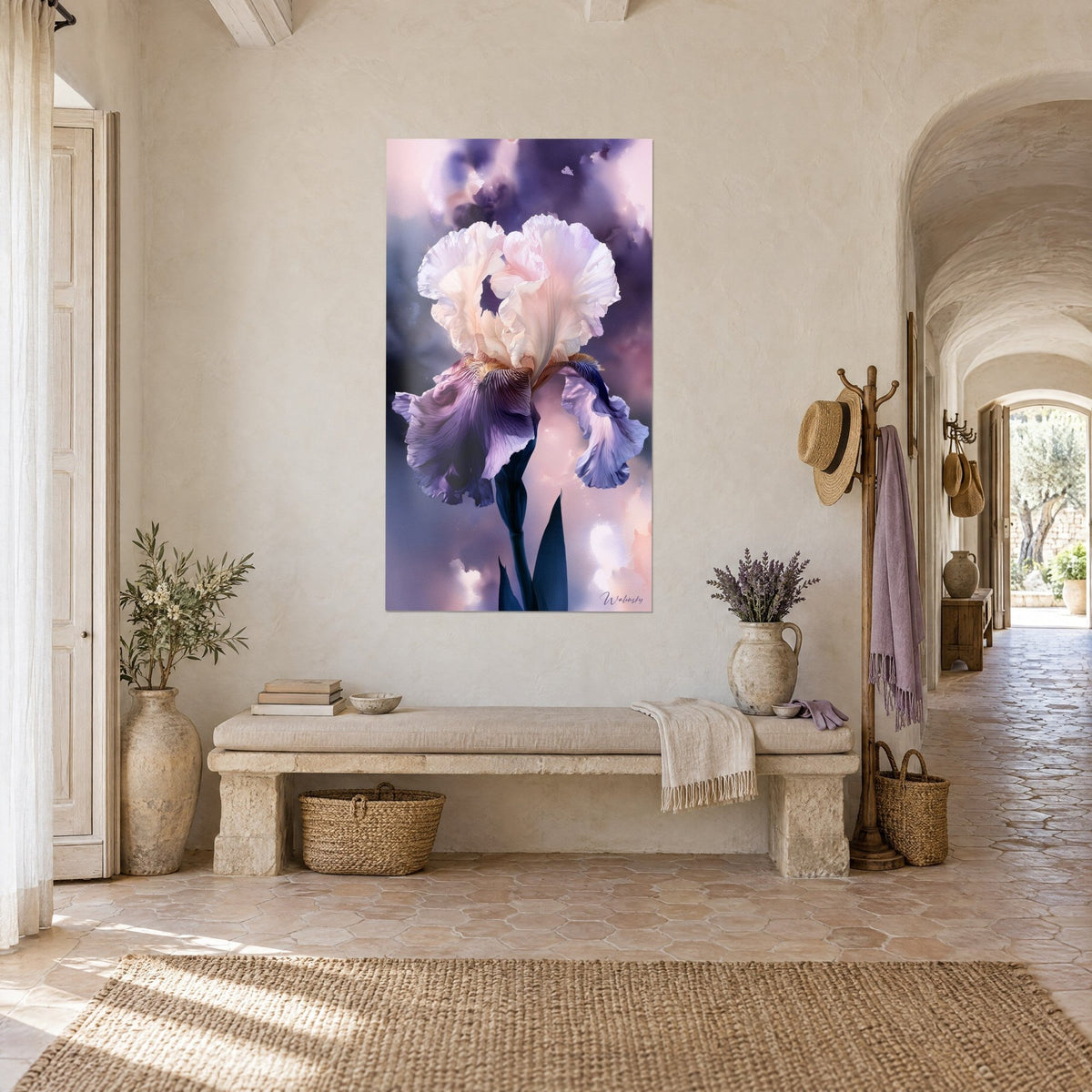 Wall art cream and purple iris with fringed ruffles, on a whitewashed wall beside a stone bench, Provençal farmhouse