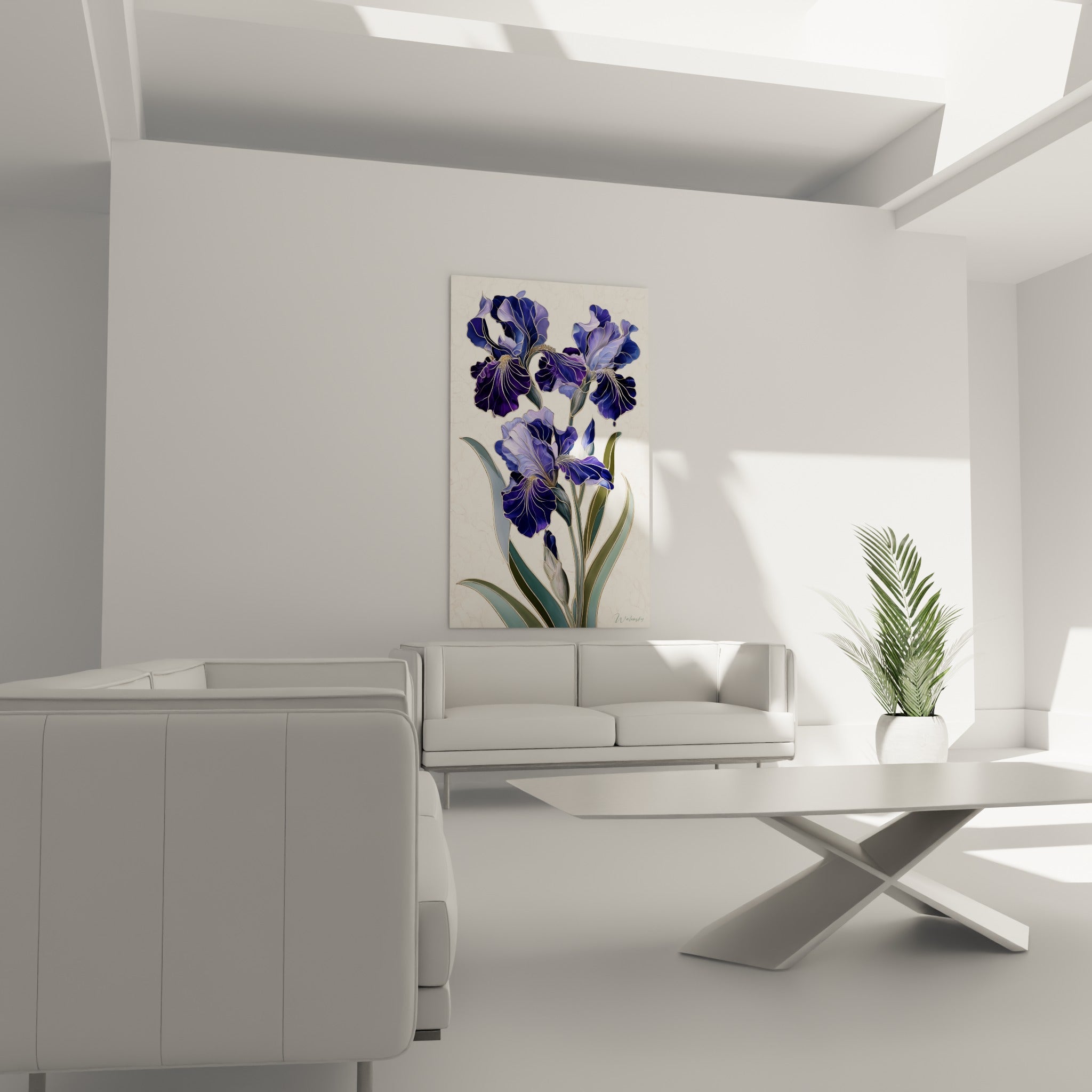 Fleurs d'iris violet profond et vert sauge accrochées au-dessus d'un canapé dans un salon lumineux