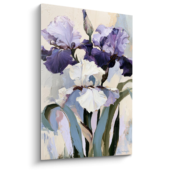 Tableau Iris violet et blanc aux feuilles empâtées - Bourgeon fermé penché - Edition Iris