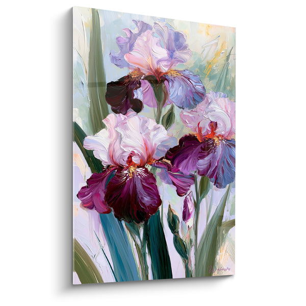 Tableau Iris pourpre et lavande aux barbes safranées - Trio de fleurs empâtées - Edition Iris