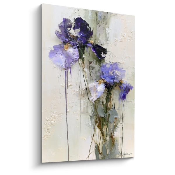 Tableau Iris violets aux coulures sur fond ivoire - Grâce éphémère - Edition Iris