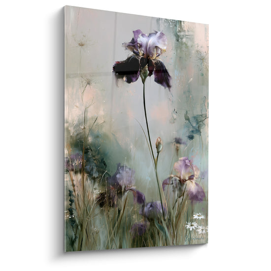 Iris violet et blanc dressé sur fond vert sauge et ocre dans un champ vaporeux