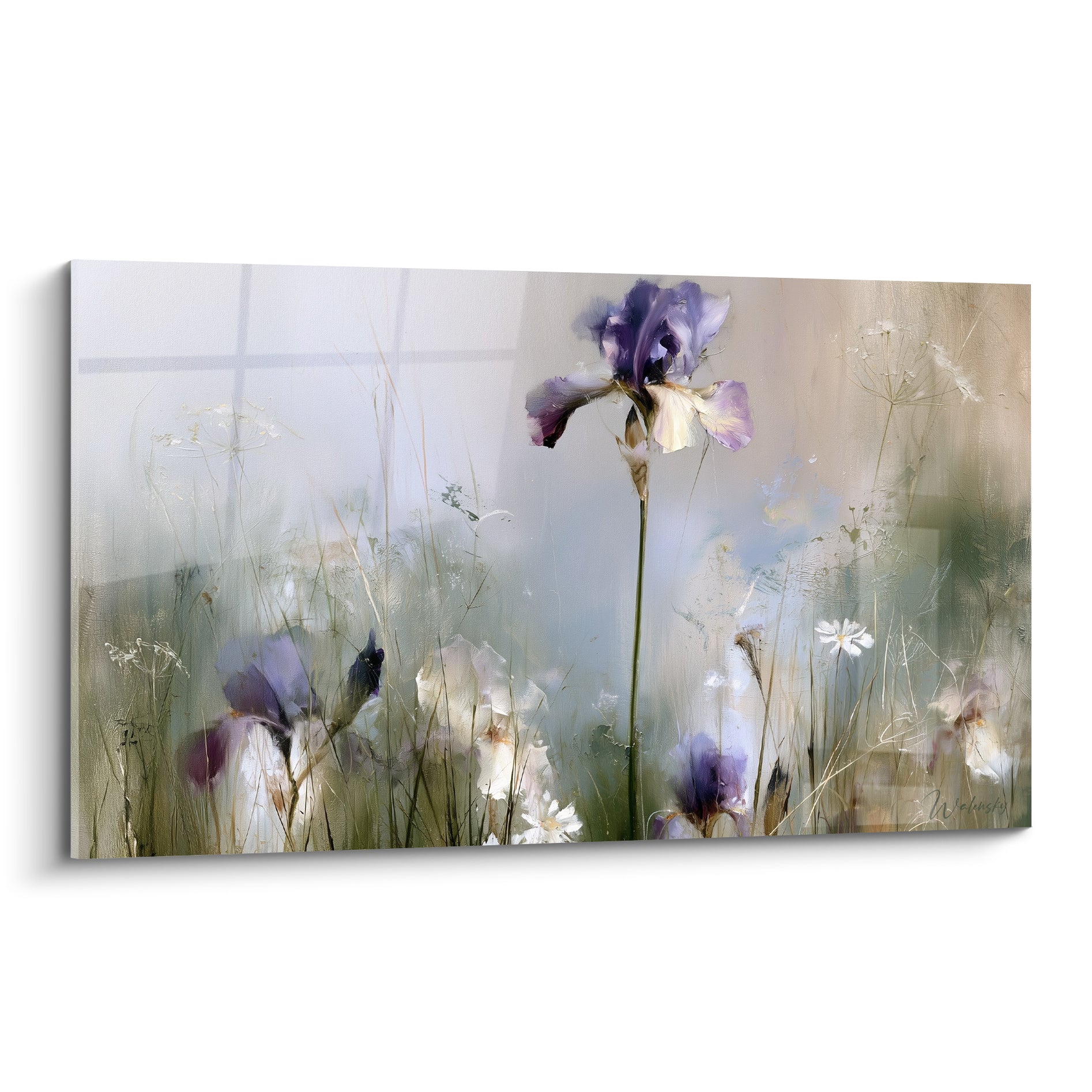 Iris violet et blanc peint dans une prairie brumeuse aux tons beige et vert olive