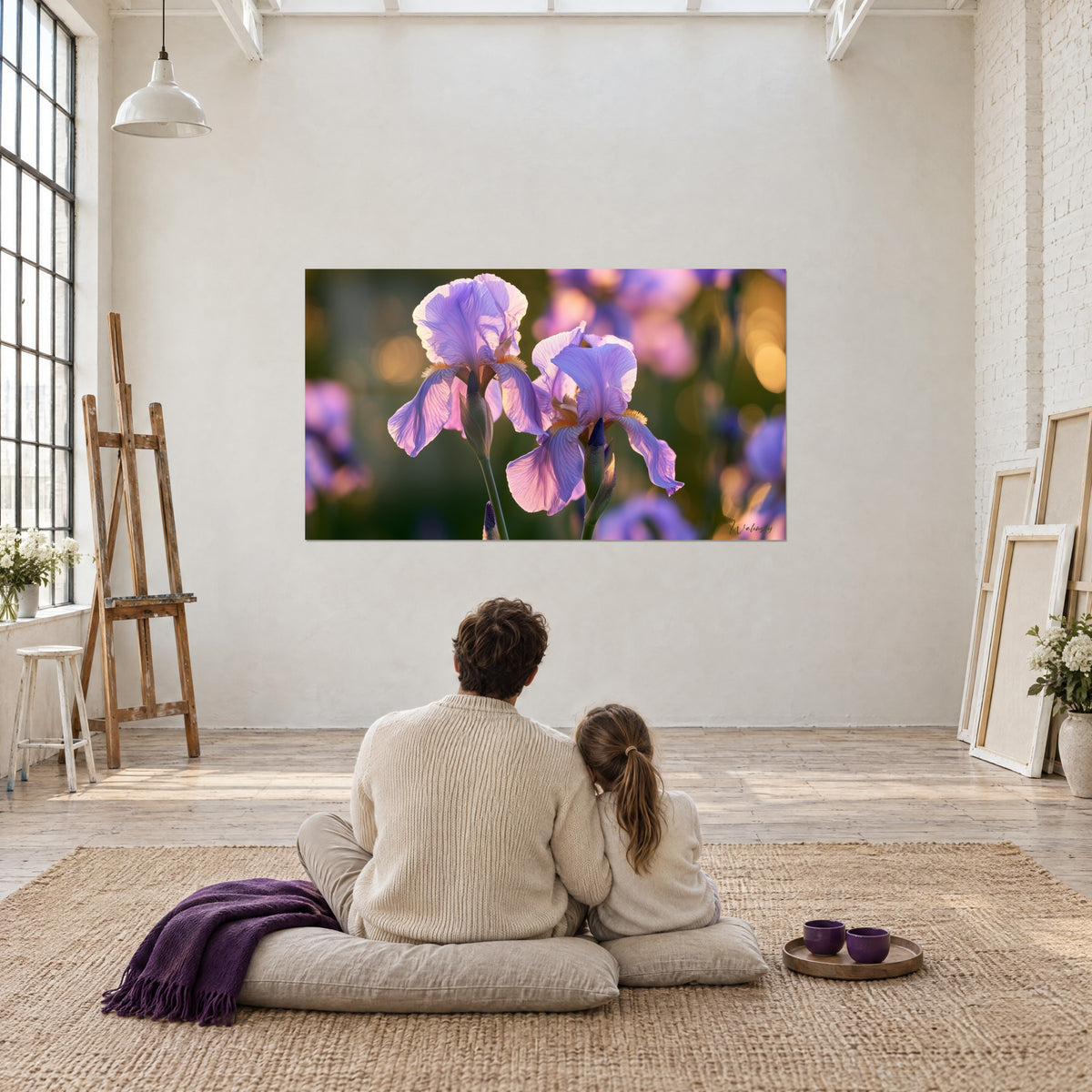 Cuadro de iris de jardín lilas e índigo, luz dorada de la tarde, un adulto y un niño sentados de espaldas frente a la pared del loft