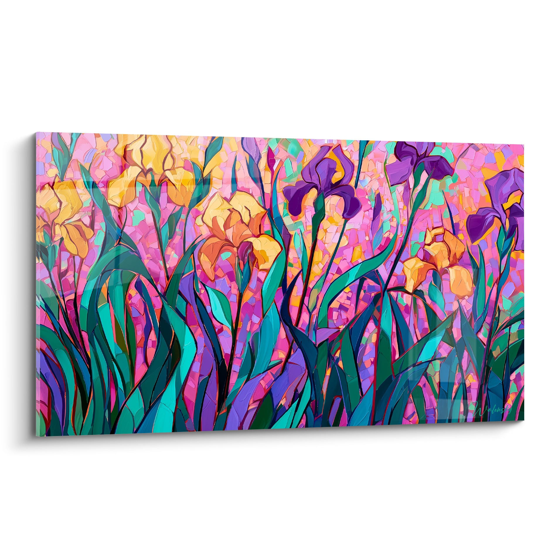 Iris violets et dorés en aplats vitrail sur fond rose fragmenté et feuillage turquoise