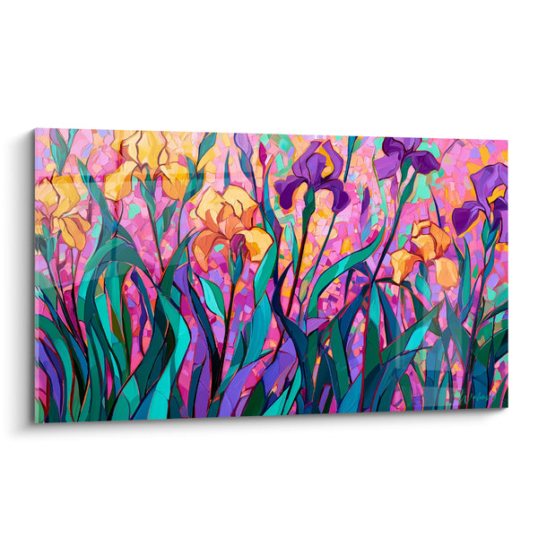 Tableau Iris jaunes et violets aux feuilles turquoise - Mosaïque rose éclatante - Edition Iris