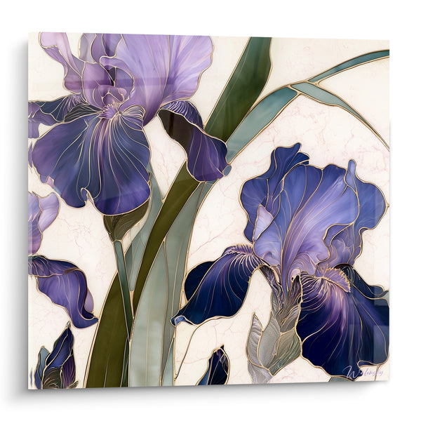 Tableau Iris violets et bleus aux contours dorés vitrail - Feuilles marbrées veinées - Edition Iris