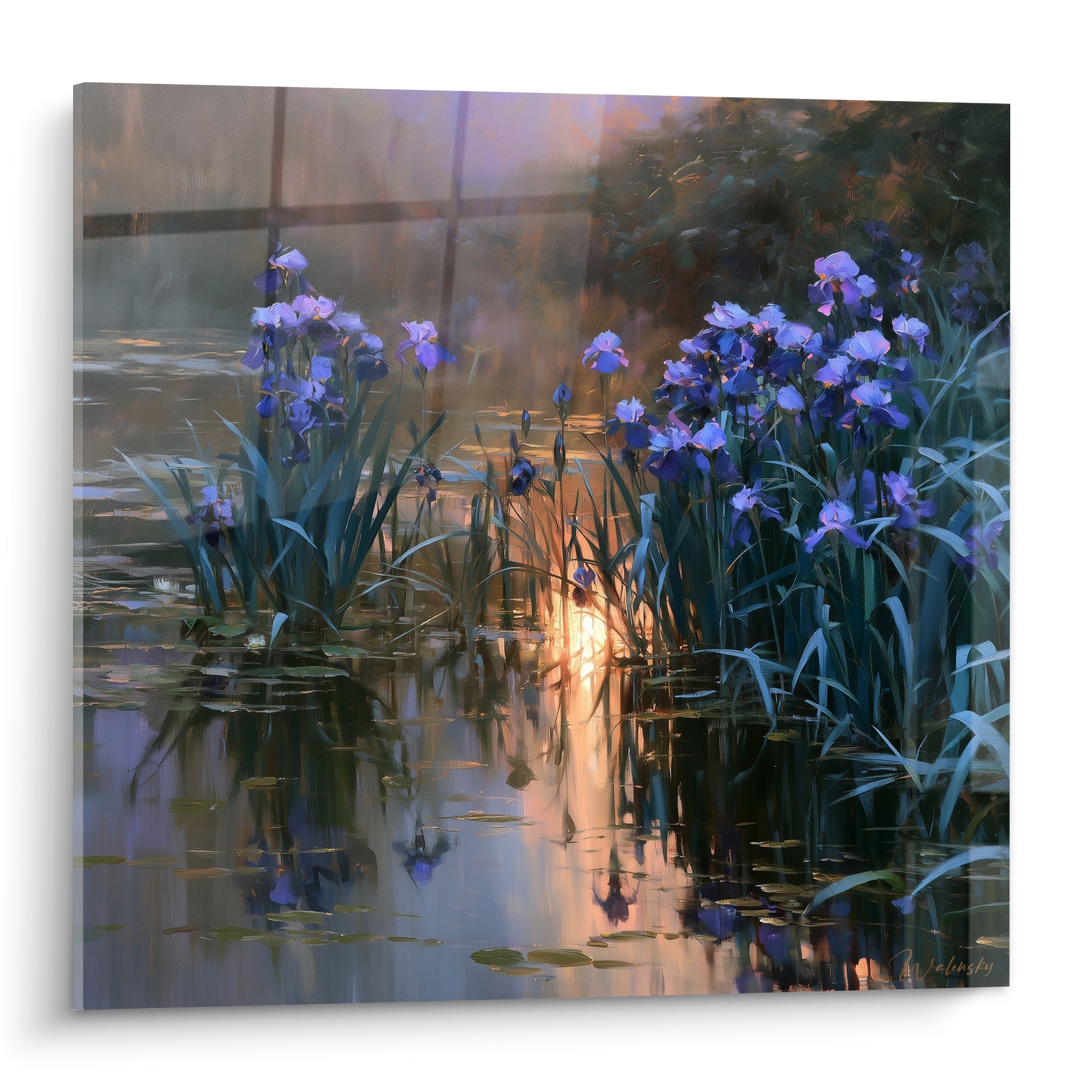 Iris violets aux teintes bleu marine bordant un étang illuminé de lumière dorée au crépuscule