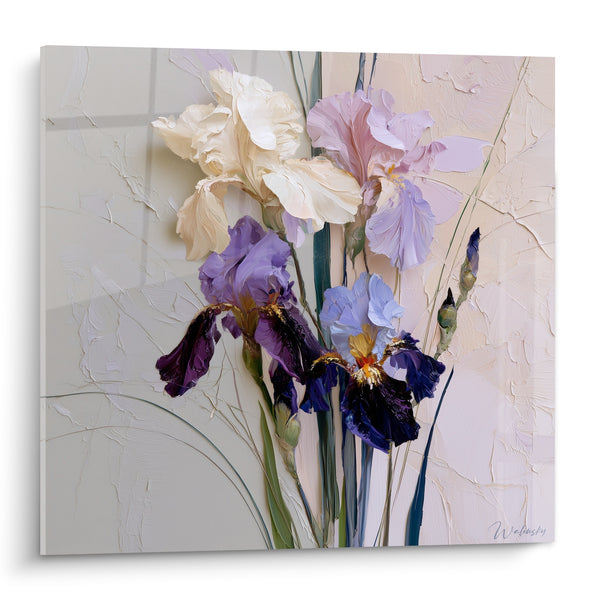 Tableau Iris ivoire et violet à la texture épaisse - Bouquet à l'aube - Edition Iris