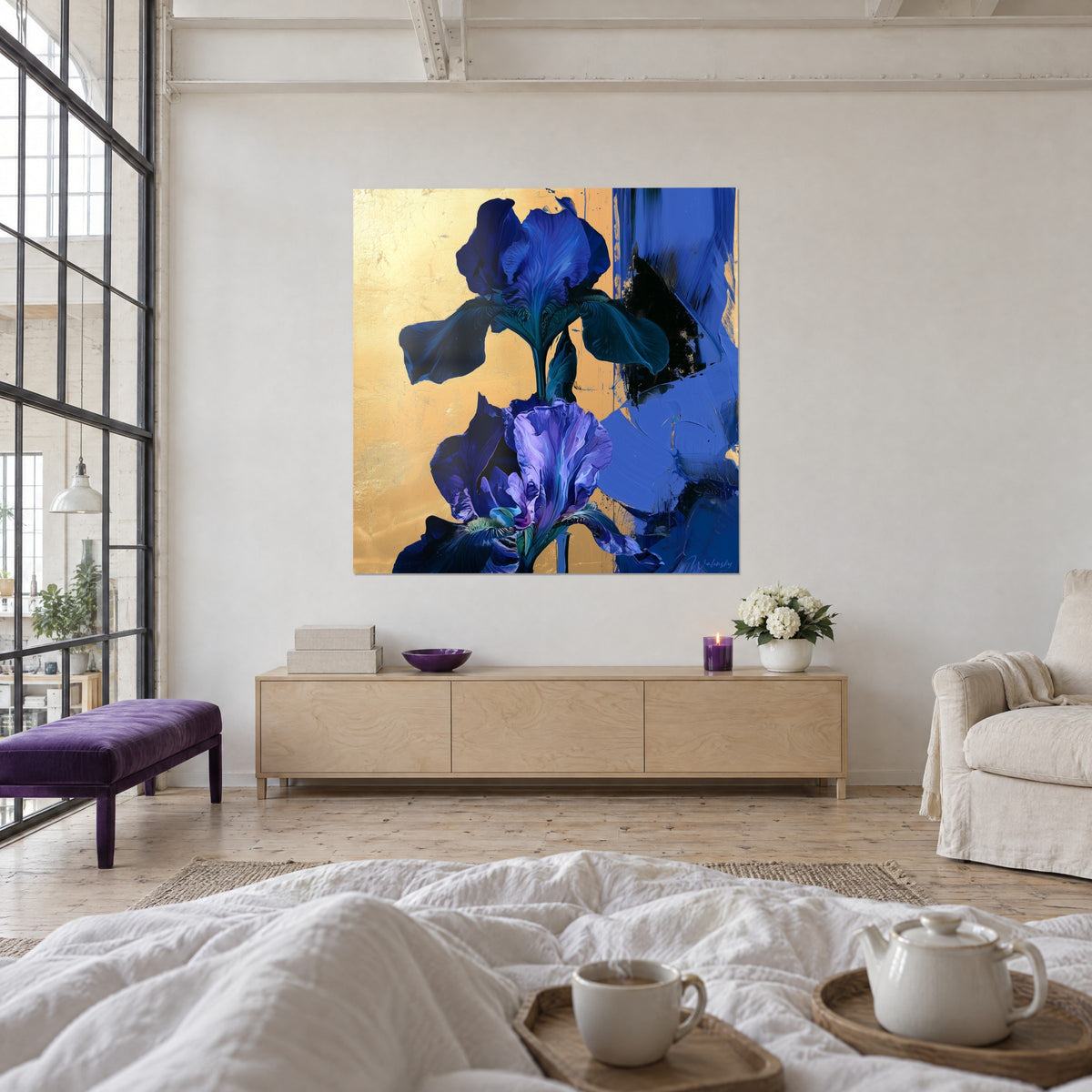 Wall art violet iris with navy blue petals on patinated gold leaf, cobalt palette-knife strokes, above a bed in a light bedroom