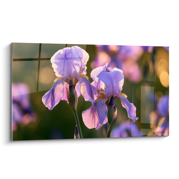Tableau Iris mauve et vert au bokeh doré - Barbe orangée duveteuse translucide - Edition Iris