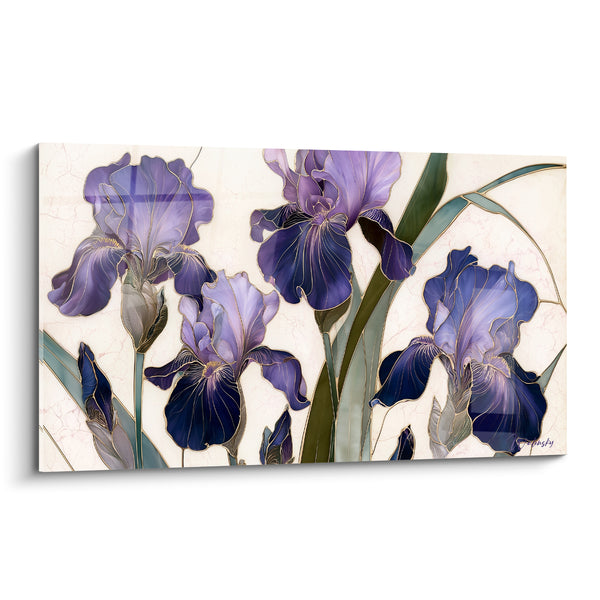 Tableau Iris violet et indigo aux contours cuivrés - Fond marbré craquelé - Edition Iris