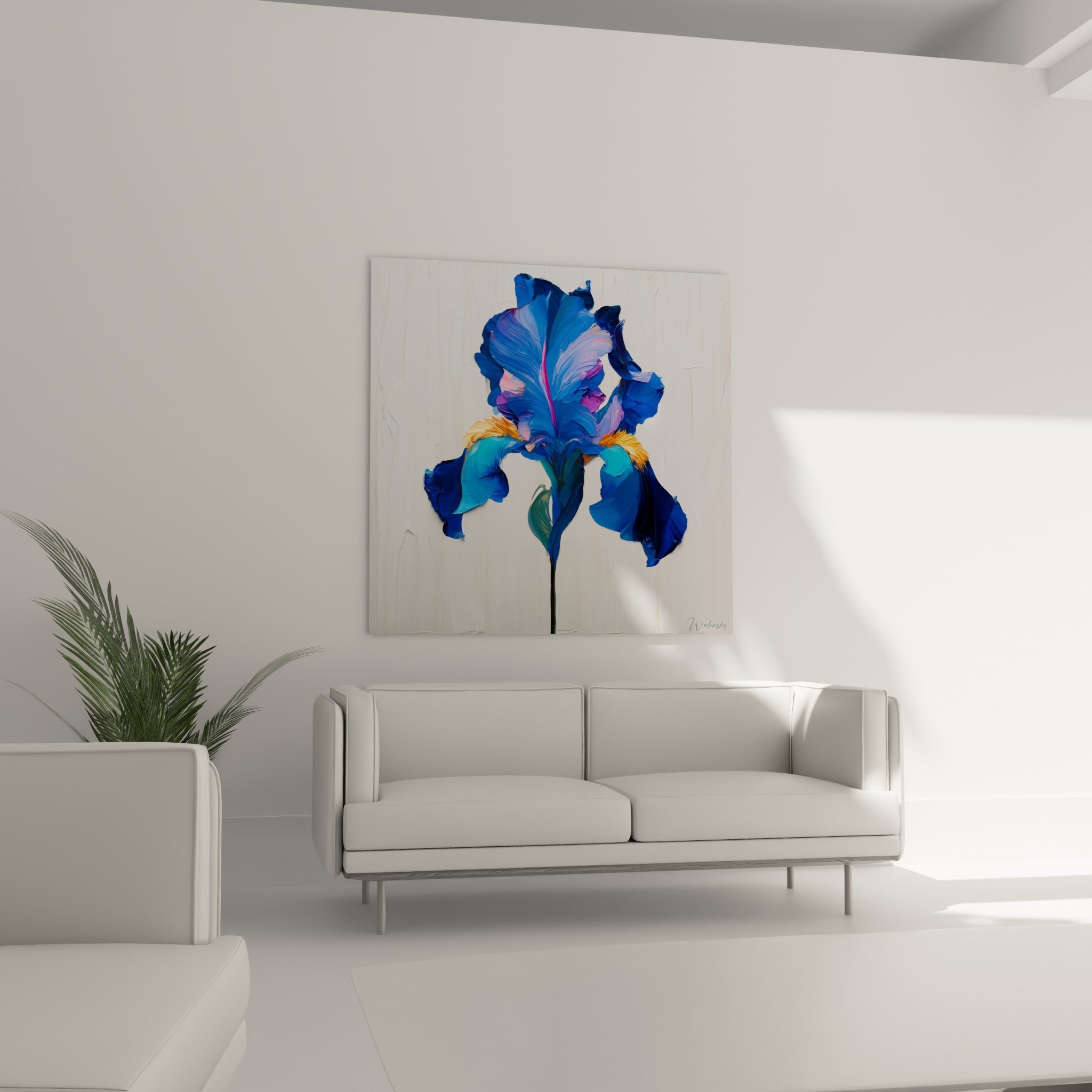 Iris violet et orange déployé en relief épais, suspendu au-dessus d'un canapé dans un salon lumineux