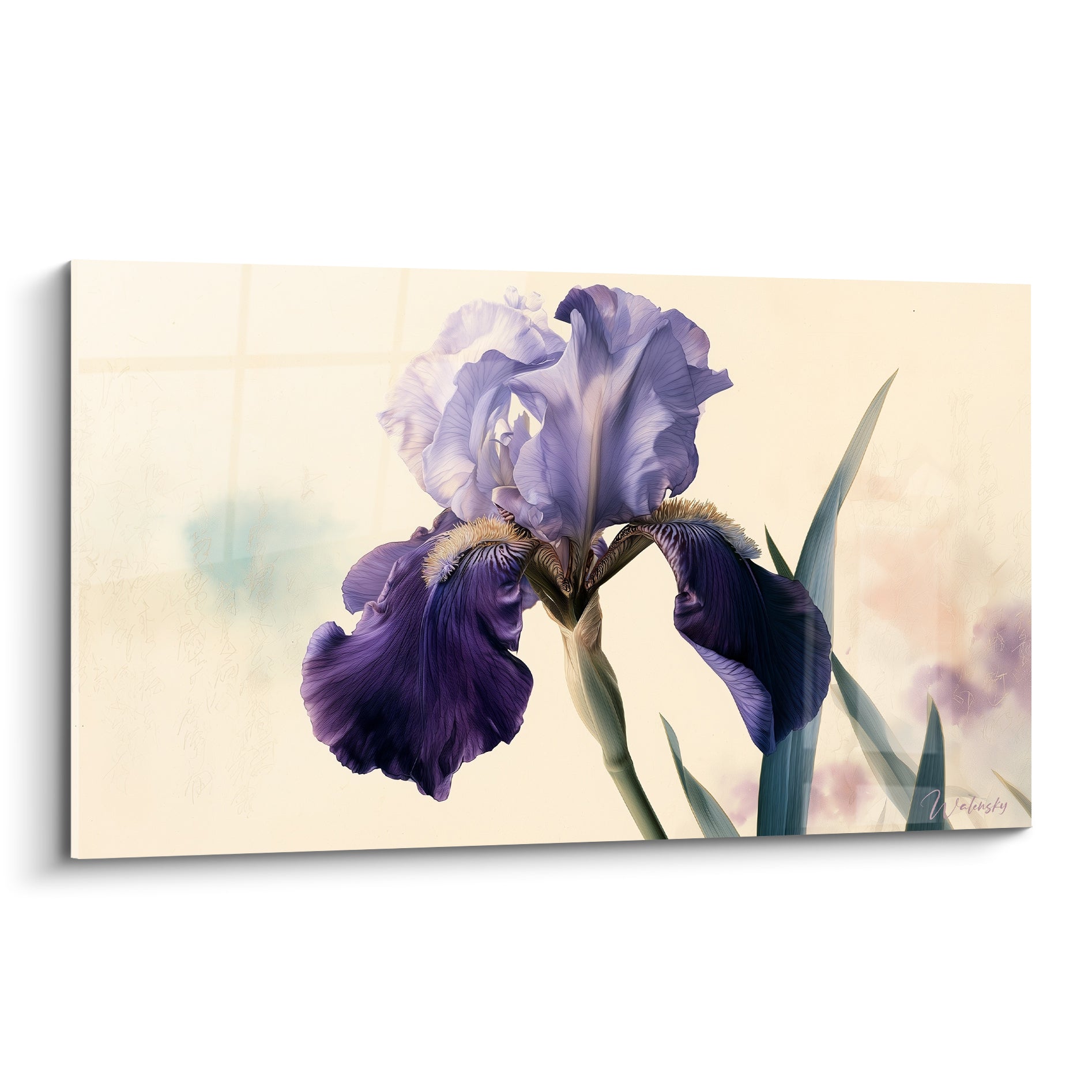 Iris violet aux pétales ondulés et cœur doré, sur fond ivoire texturé aux touches pastel.