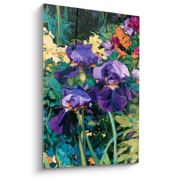 Tableau Iris pourpre et violet à barbe orangée - Massif de fleurs multicolores - Edition Iris