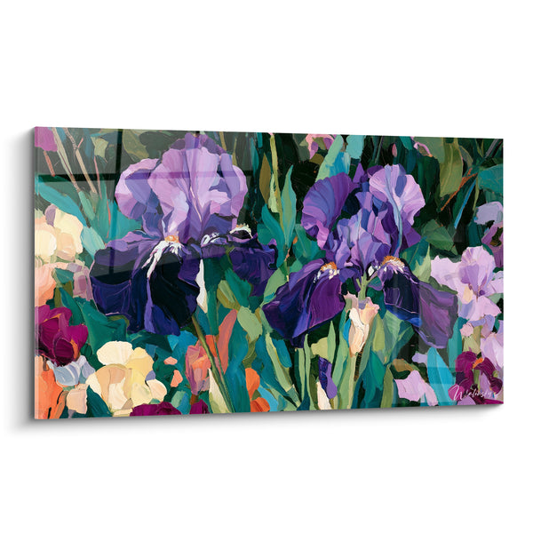 Tableau Iris mauve et pourpre parmi les fleurs foisonnantes - Jardin coloré touffu - Edition Iris
