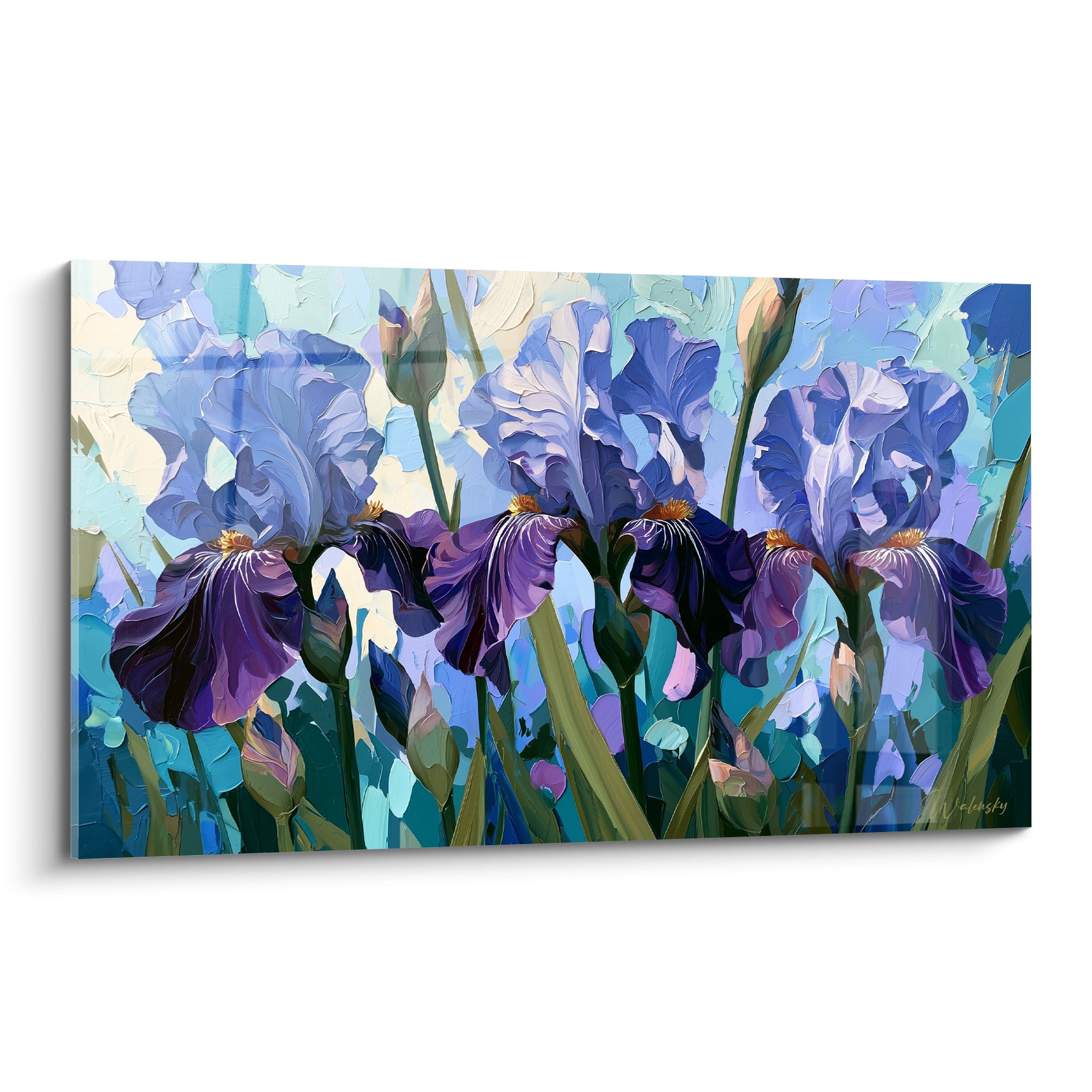 Iris violets et bleus aux pétales veloutés, fond turquoise texturé, peinture au couteau empâtée