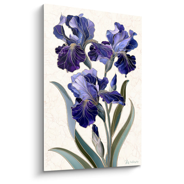 Tableau Iris pourpre et lavande aux contours dorés vitrail - Fond marbré crème - Edition Iris