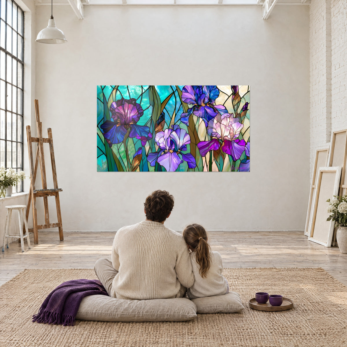 Cuadro iris en vidrio de color turquesa y amatista, un adulto y una niña de espaldas sentados frente a la pared en un taller luminoso