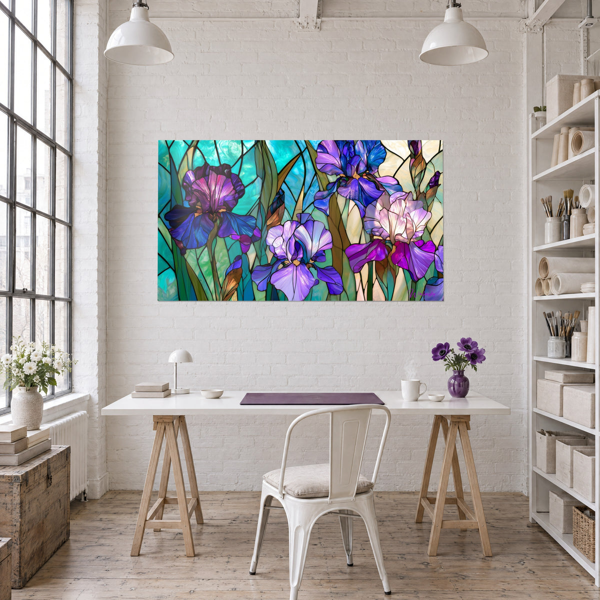 Cuadro floración de iris en vitral jade e índigo, corolas púrpuras y crema, colgado en la pared de una oficina blanca junto a una estantería