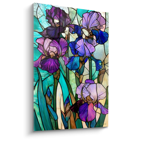 Tableau Iris violets et turquoise en vitrail plombé - Style Tiffany floral - Edition Iris