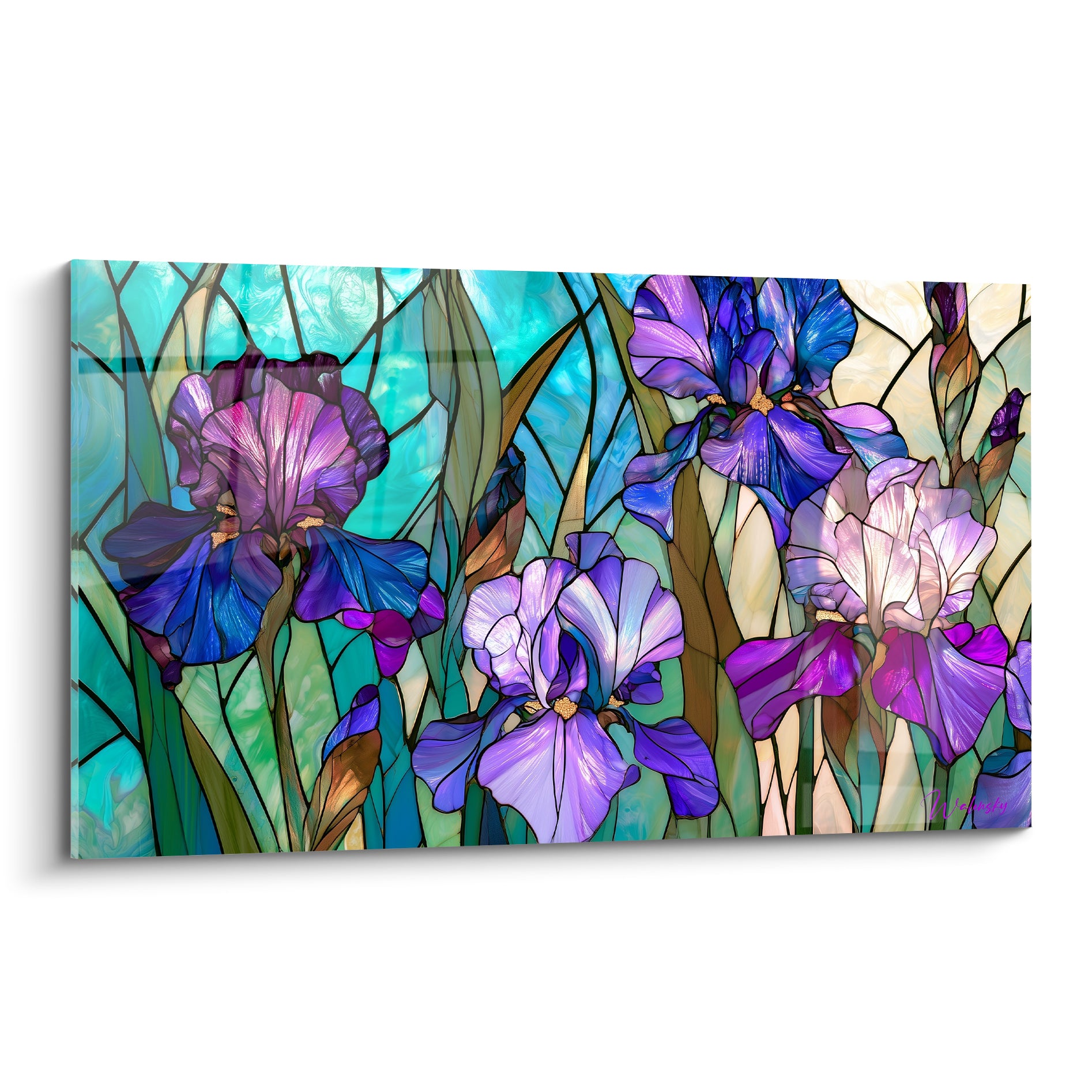 Iris violets et turquoise en vitrail, pétales lilas et bleu marine sur fond vert émeraude