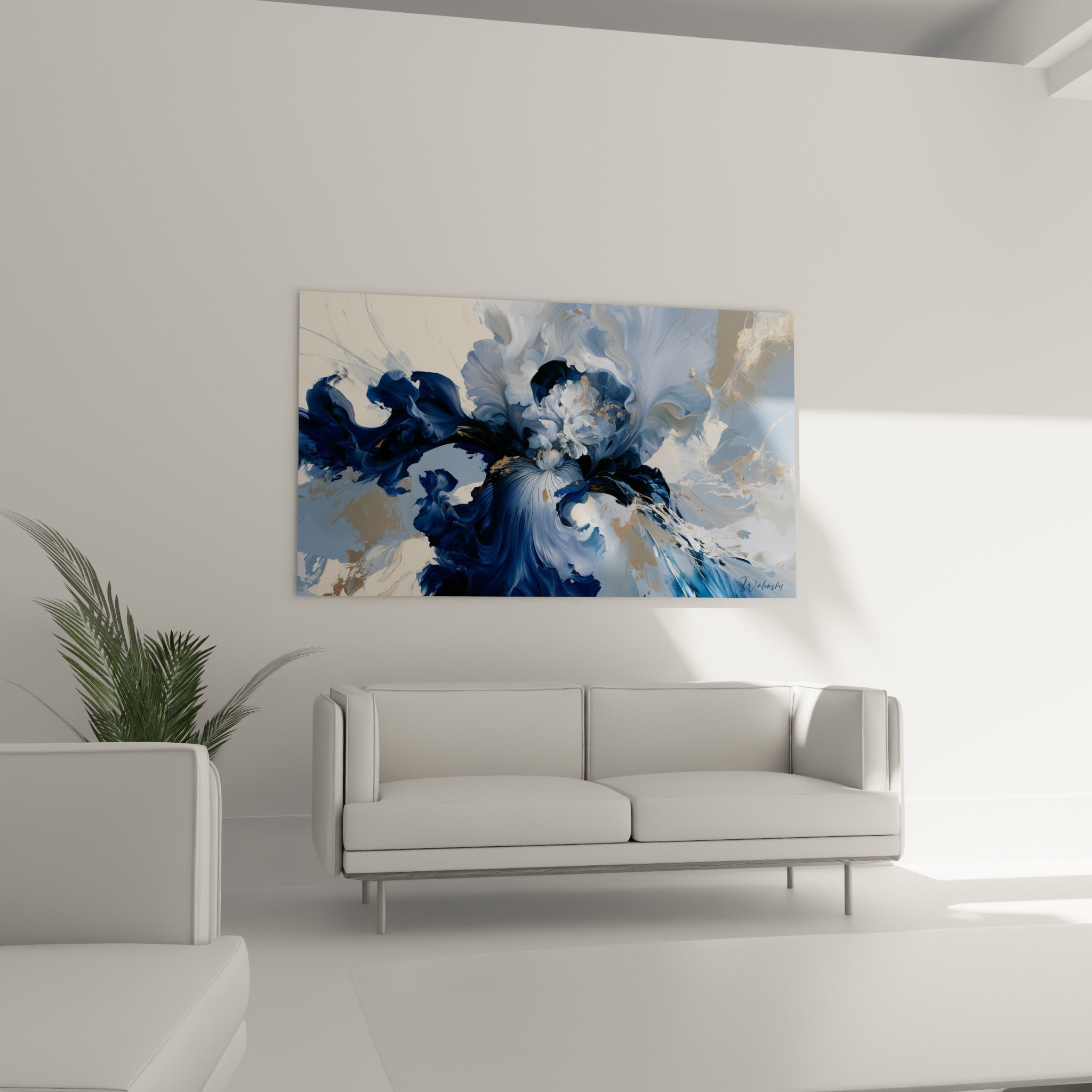 Pétales d'iris bleu marine et crème en mouvement fluide, au-dessus d'un canapé dans un salon lumineux