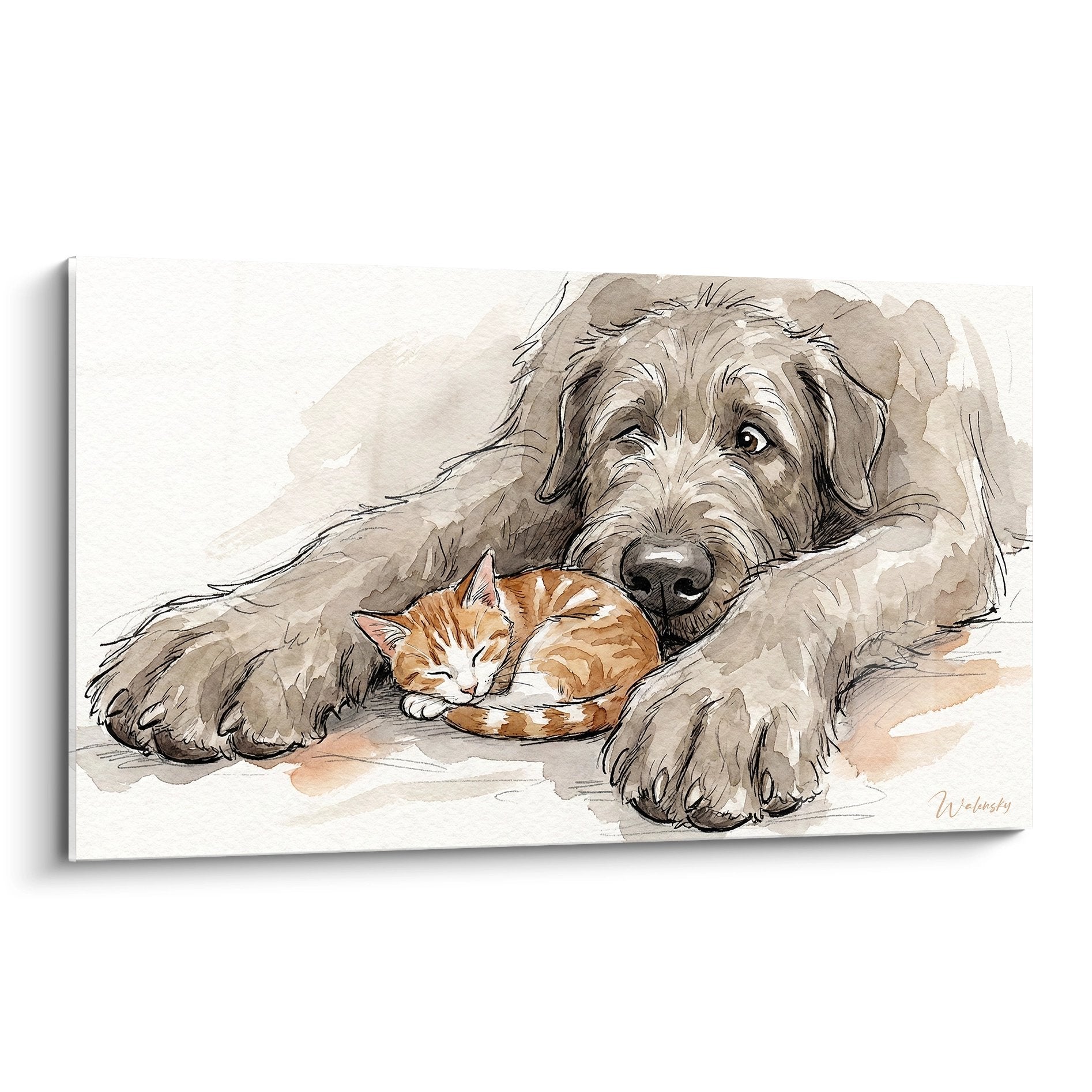 tableau aquarelle irish wolfhound beige protégeant chaton roux endormi tendresse canine art mural