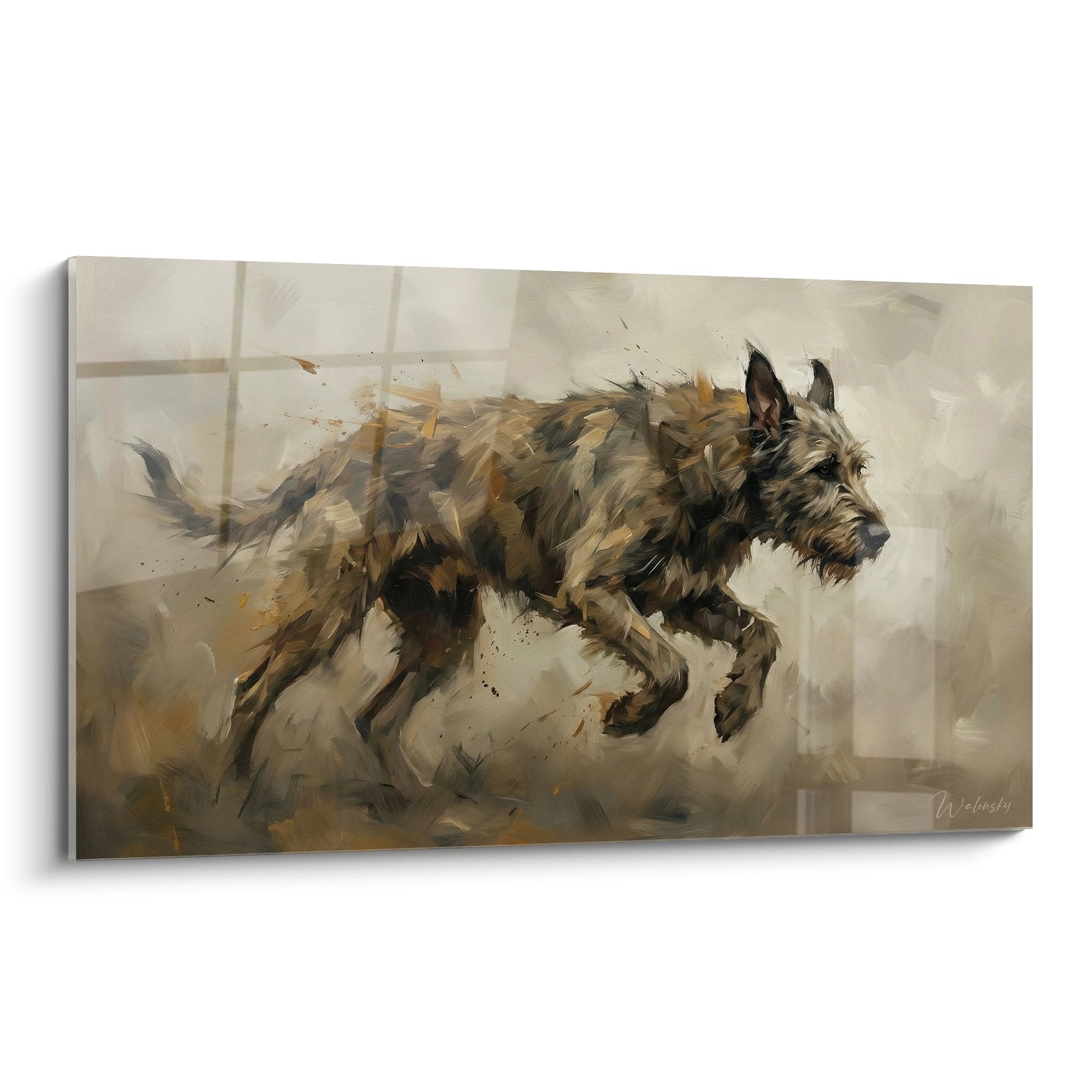 tableau irish wolfhound bondissant pinceaux dynamiques teintes ocre bronze energie feroce
