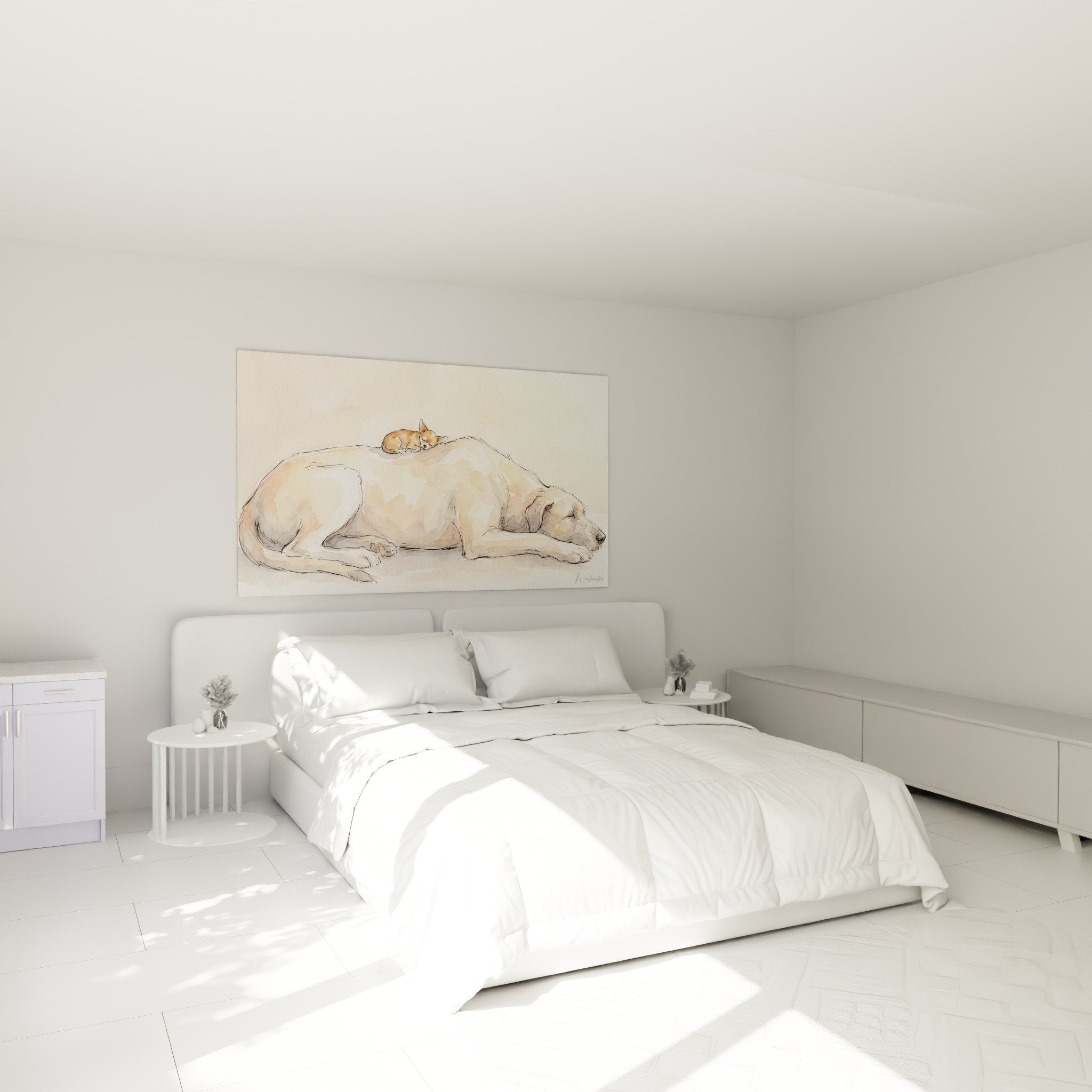 Tableau aquarelle Irish Wolfhound chambre decoration murale tons beiges - ambiance apaisante cocooning