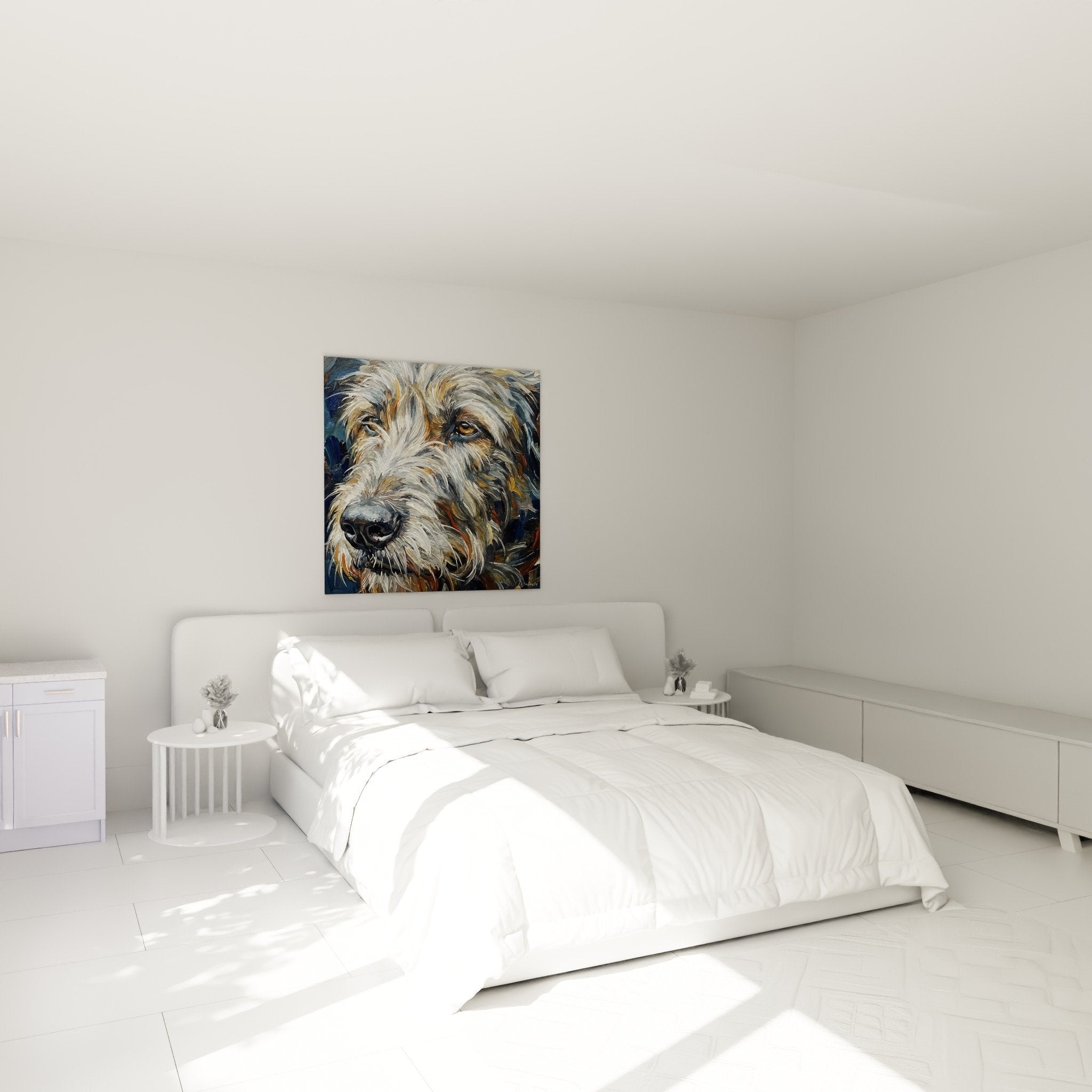 tableau portrait chien irish wolfhound chambre decoration murale tons chauds ocre dores ambiance cosy