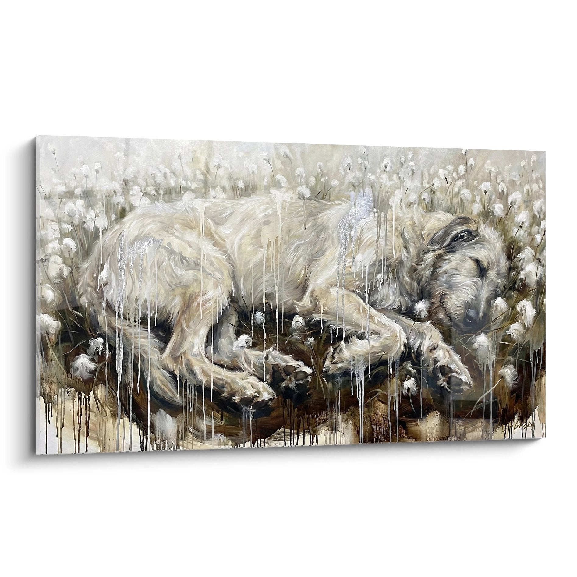 tableau irish wolfhound chiens aux poils dores dans champ hivernal avec effets de givre tons beiges et cremes