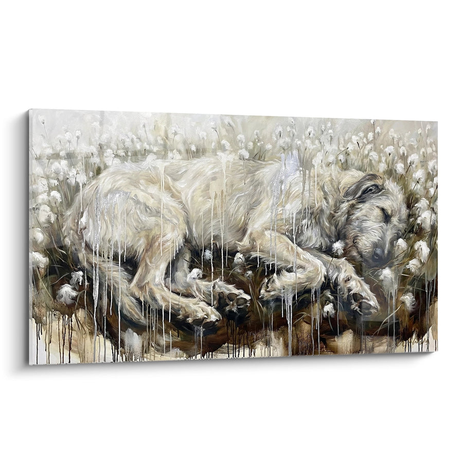 Tableau Chiens aux Poils Dorés dans Champ de Coton Hivernal avec Effets de Givre - Tendresse Glaciale - Edition Irish Wolfhound