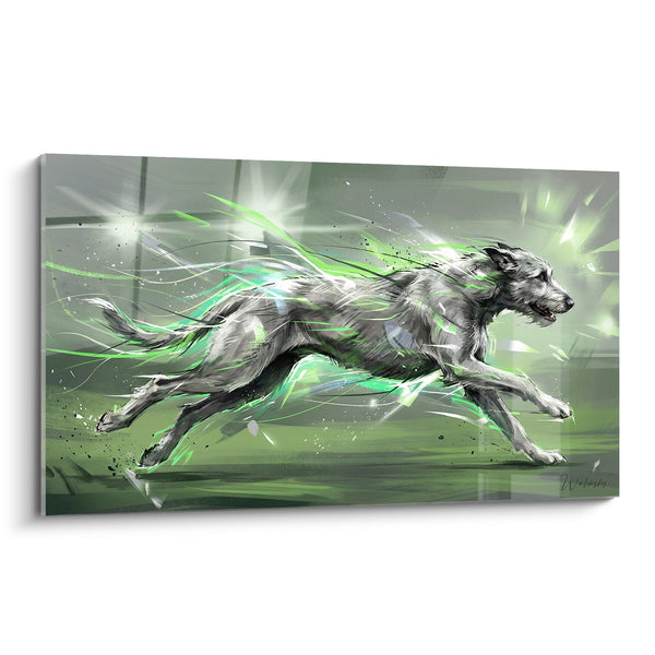 Tableau Chien Gris aux Énergies Vertes en Pleine Course - Puissance Émeraude - Edition Irish Wolfhound