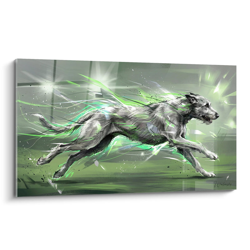 Tableau Chien Gris aux Énergies Vertes en Pleine Course - Puissance Émeraude - Edition Irish Wolfhound