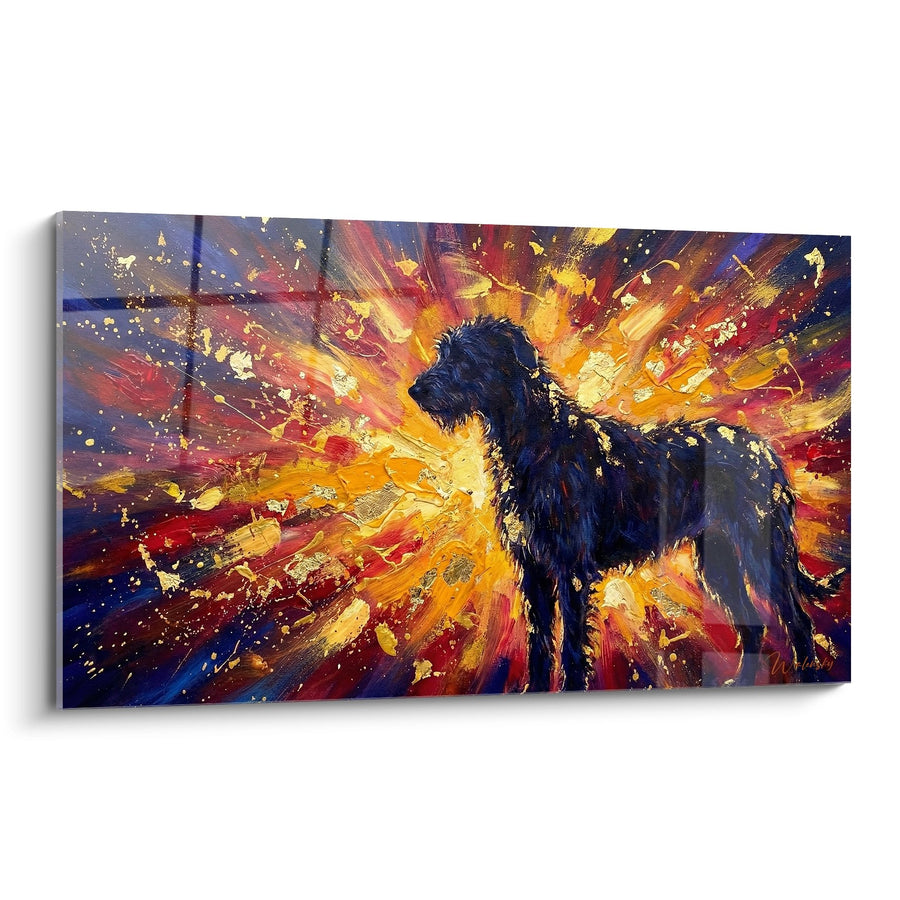 Tableau Chien Noir sur Fond d'Explosion Colorée Orange et Rouge - Énergie Cosmique - Edition Irish Wolfhound