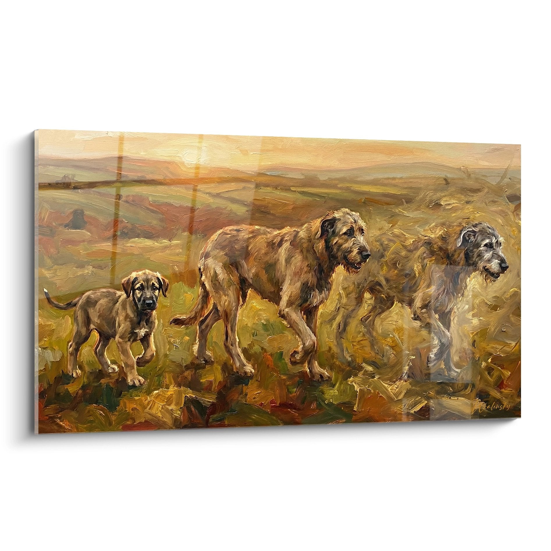 Tableau famille Irish Wolfhound trois chiens landes dorees coucher soleil peinture