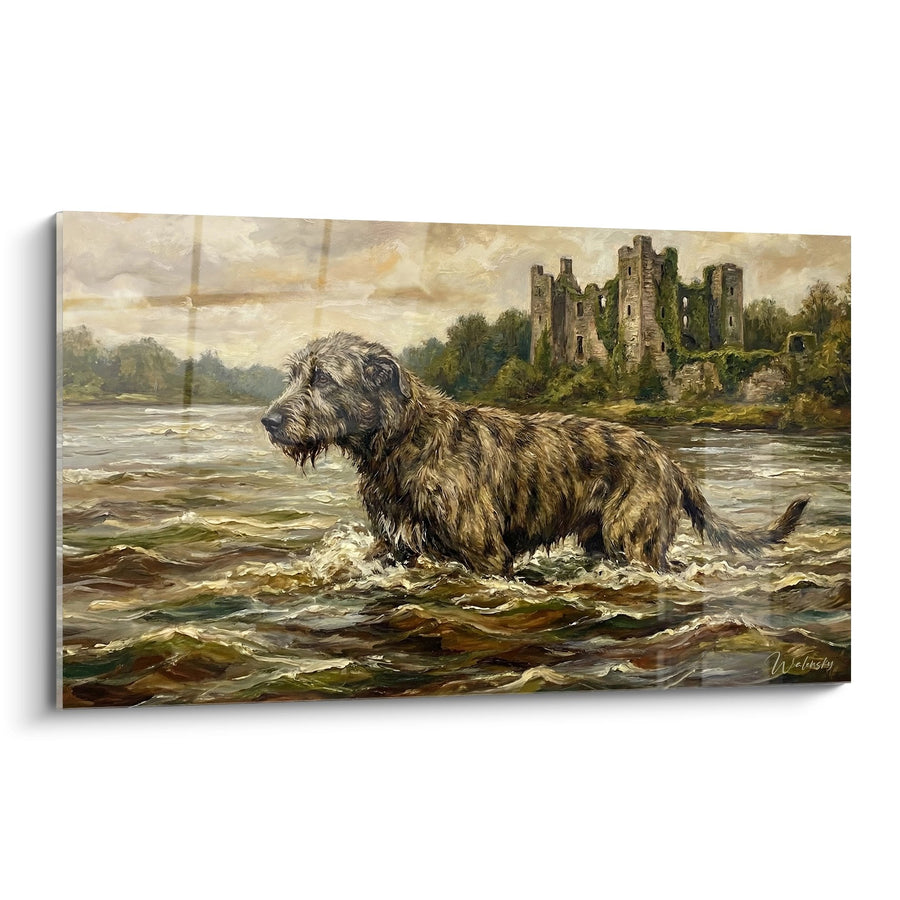 Tableau Irish Wolfhound Gris Émergeant des Eaux Tourbillonnantes devant une Forteresse en Ruines - Épopée Celtique - Edition Irish Wolfhound