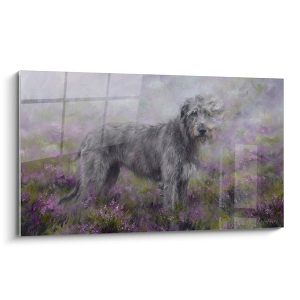Dipinto Irish Wolfhound con Pelo Grigio Perla in un Giardino di Fiori Viola - Fantasia Primaverile - Edizione Irish Wolfhound
