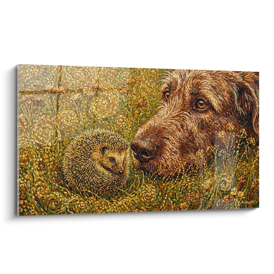 Gemälde Irish Wolfhound rotbraun und Igel in goldenen Spiralen postimpressionistischer Stil