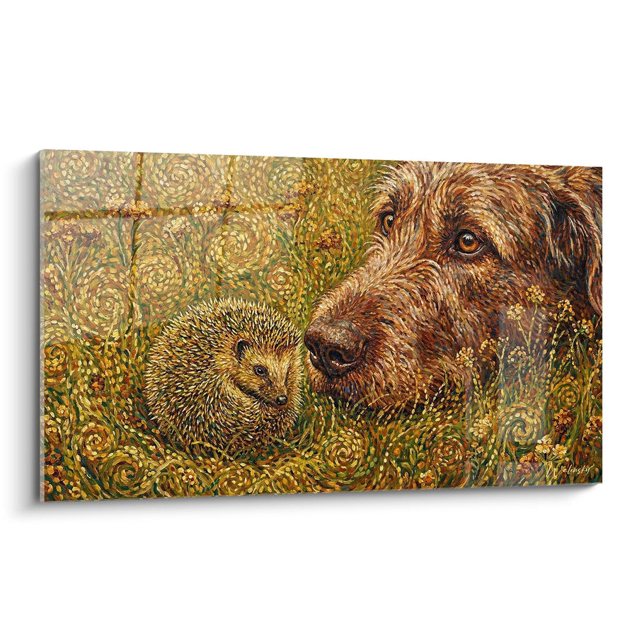Tableau Irish Wolfhound aux Yeux Cuivrés et Hérisson dans Spirales Dorées - Complicité Forestière - Edition Irish Wolfhound