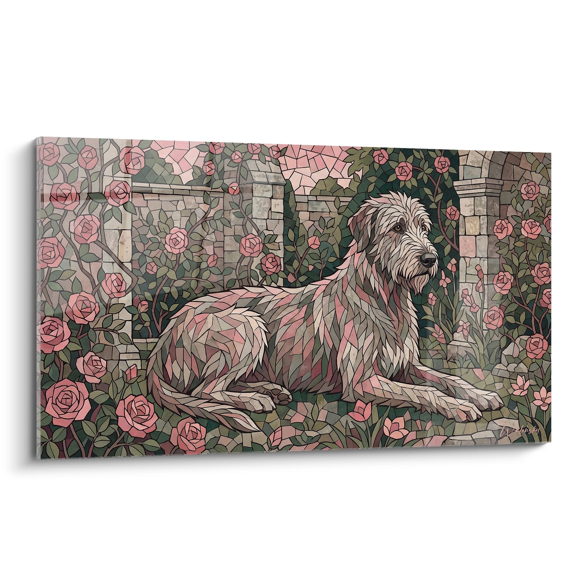 Tableau mosaique Irish Wolfhound gris allonge dans jardin roses tons roses verts decor champetre paisible