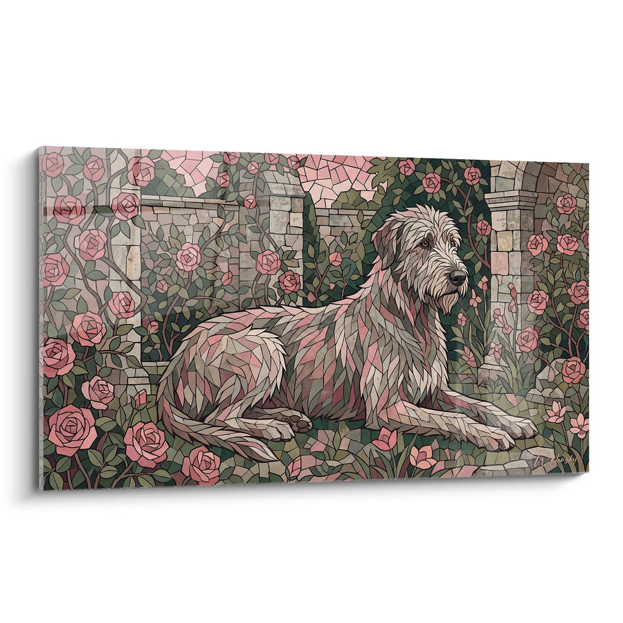 Tableau Irish Wolfhound Paisible aux Tons Roses et Verts dans un Décor Mosaïque - Quiétude Champêtre - Edition Irish Wolfhound