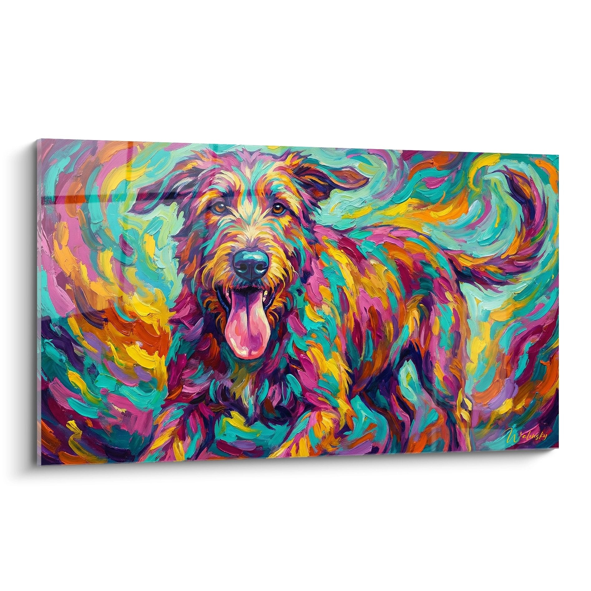 Tableau Irish Wolfhound multicolore style fauve avec couleurs turquoise magenta jaune dans tourbillon artistique moderne